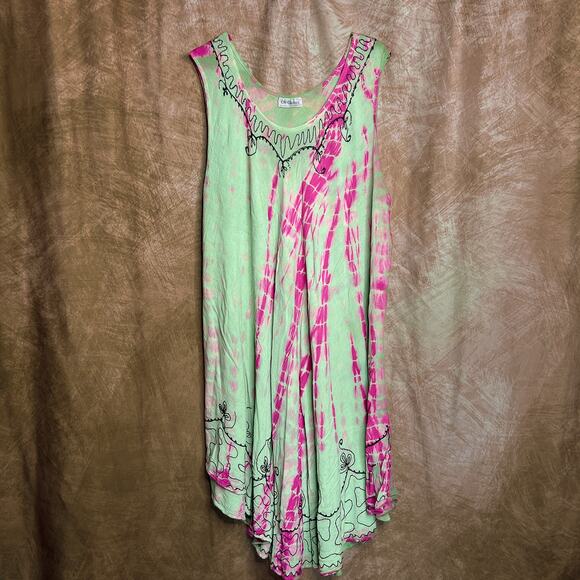 CW Classics Vintage Tie Dye Handkerchief Hem Dress Green Pink Embroidered Boho - Picture 1 of 8
